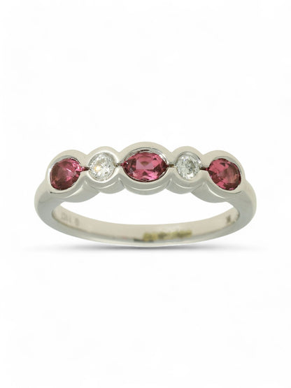 0.60ct Oval Cut Pink Tourmaline & 0.11ct Round Brilliant Cut Diamond Five Stone Ring in 9ct White Gold