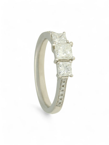 Diamond Three Stone Ring 0.89ct Princess Cut in Platinum with Diamond Shoulders
