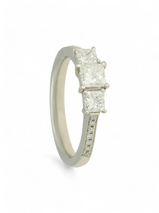Diamond Three Stone Ring 0.89ct Princess Cut in Platinum with Diamond Shoulders