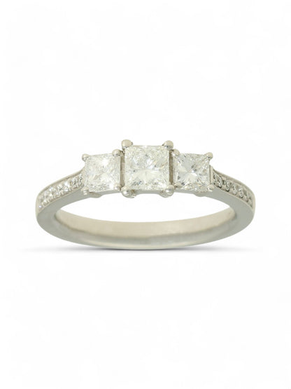 Diamond Three Stone Ring 0.89ct Princess Cut in Platinum with Diamond Shoulders