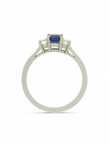 Sapphire & Diamond Three Stone Ring Emerald Cut in Platinum