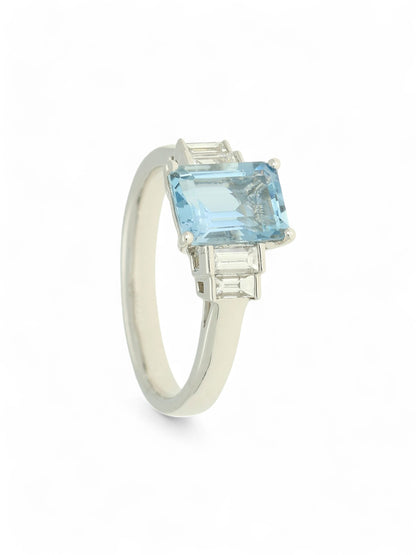 Aquamarine & Diamond Emerald Cut Five Stone Ring in Platinum