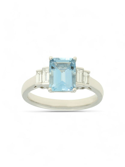 Aquamarine & Diamond Emerald Cut Five Stone Ring in Platinum
