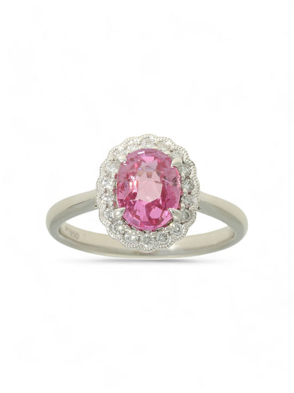 1.76ct Oval Cut Pink Sapphire & 0.19ct Round Brilliant Cut Diamond Cluster Ring in Platinum