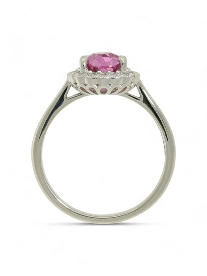 1.76ct Oval Cut Pink Sapphire & 0.19ct Round Brilliant Cut Diamond Cluster Ring in Platinum