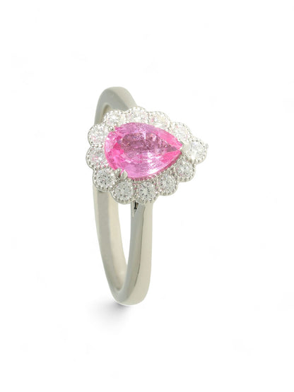 0.83ct Pear Cut Pink Sapphire & 0.25ct Round Brilliant Cut Diamond Cluster Ring in Platinum