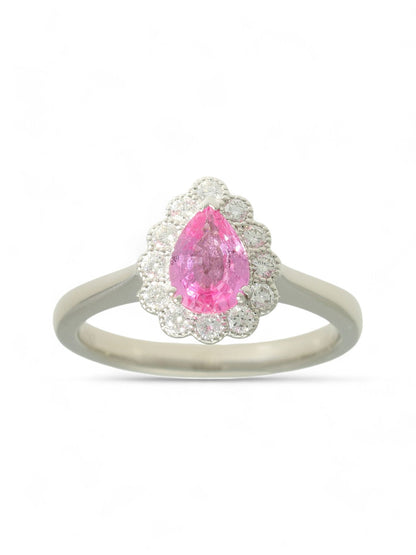 0.83ct Pear Cut Pink Sapphire & 0.25ct Round Brilliant Cut Diamond Cluster Ring in Platinum