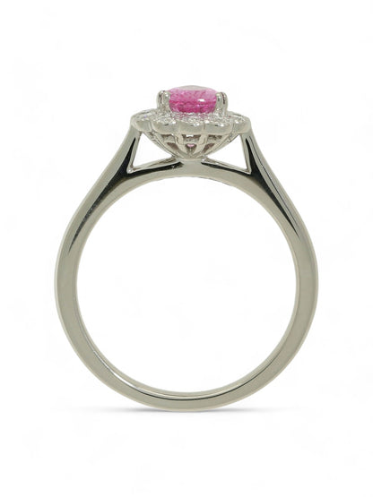 0.83ct Pear Cut Pink Sapphire & 0.25ct Round Brilliant Cut Diamond Cluster Ring in Platinum