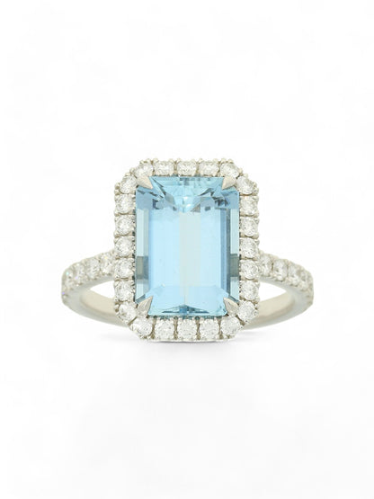Aquamarine & Diamond Cluster Ring in Platinum with Diamond Shoulders