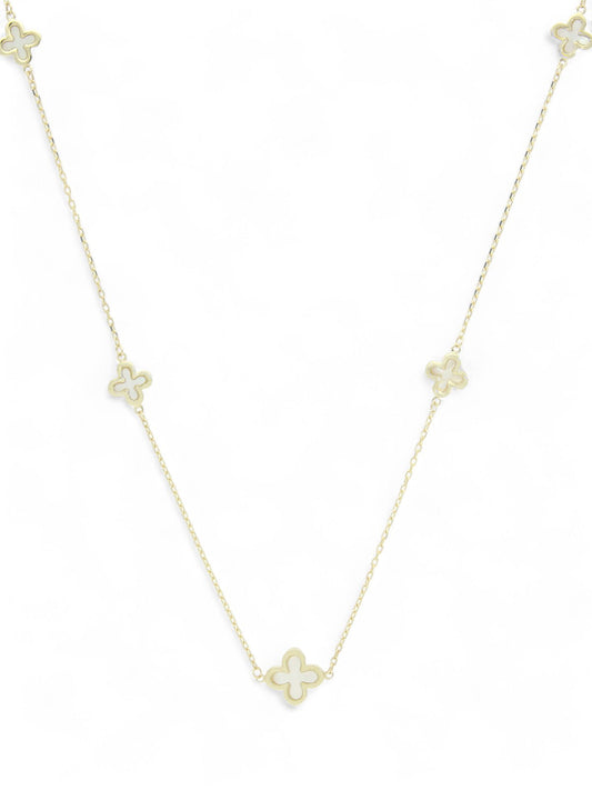 Mother of Pearl Five Flower Station Necklace in 9ct Yellow Gold