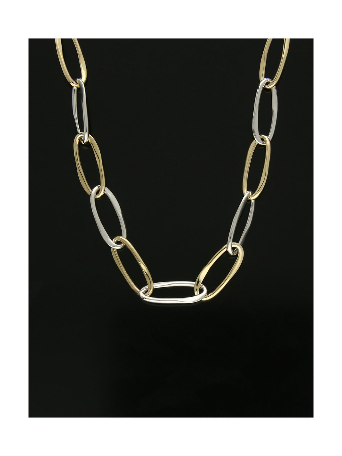 Polished Open Wavy Oval Link Necklace in 9ct Yellow & White Gold