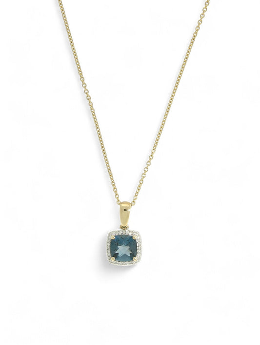 Blue Topaz and Diamond Cluster Pendant Necklace in 9ct Yellow Gold