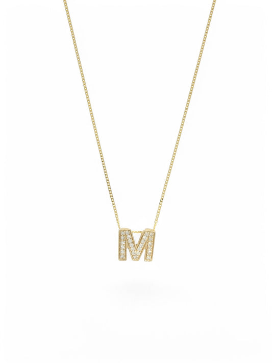 Diamond Round Brilliant Channel Set Letter 'M' Pendant Necklace in 9ct Yellow Gold