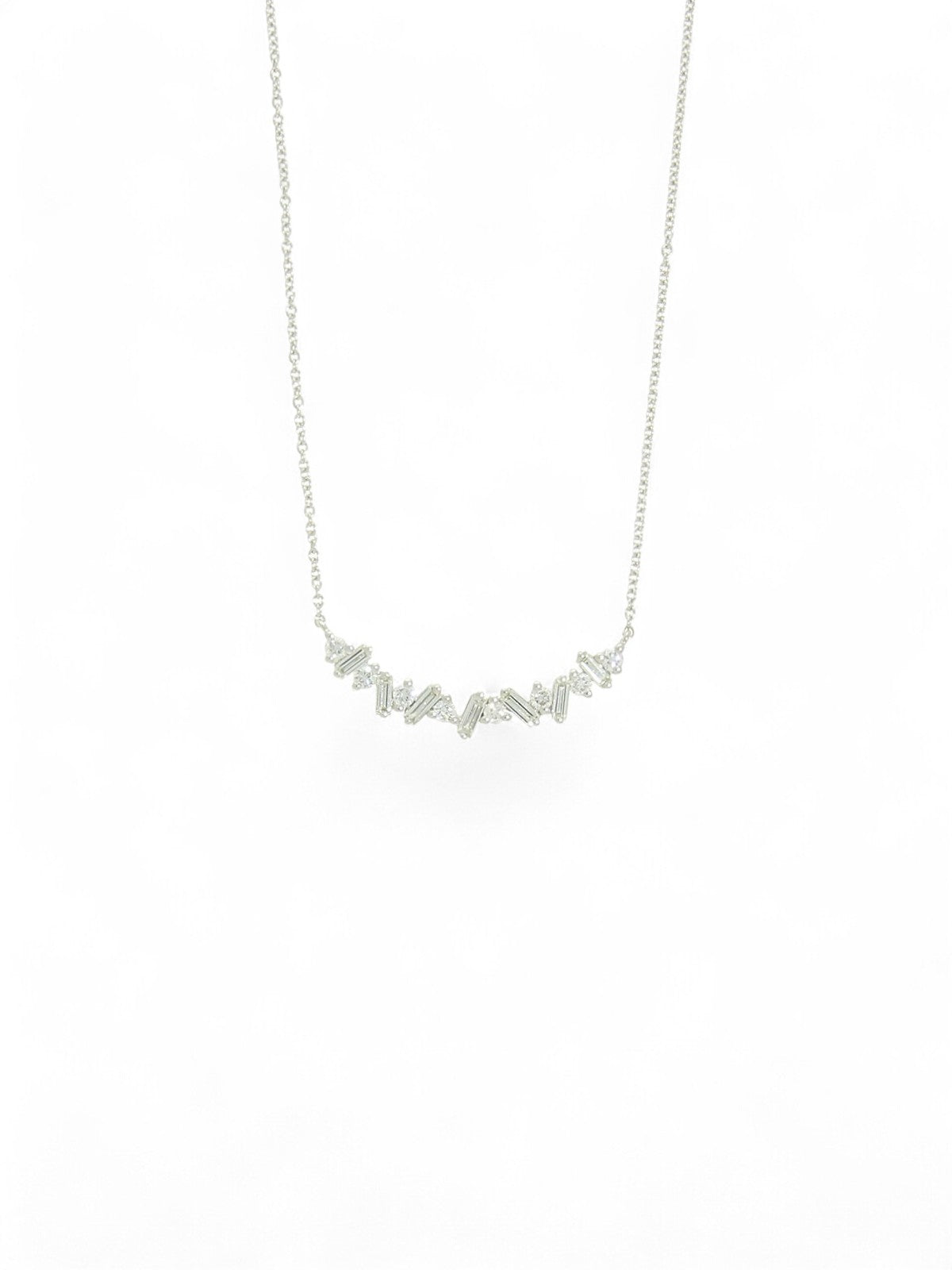 Diamond Baguette/ Round Zig-Zag Pendant Necklace in 9ct White Gold