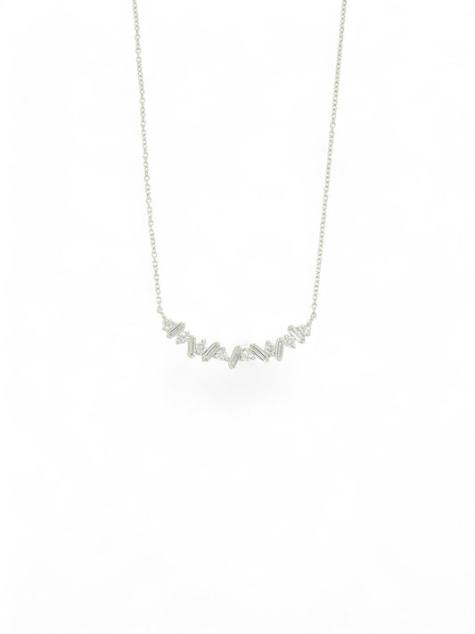 Diamond Baguette/ Round Zig-Zag Pendant Necklace in 9ct White Gold