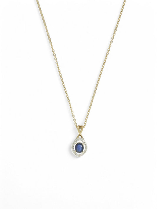 Sapphire & Diamond Oval Halo Drop Pendant Necklace in 9ct Yellow Gold