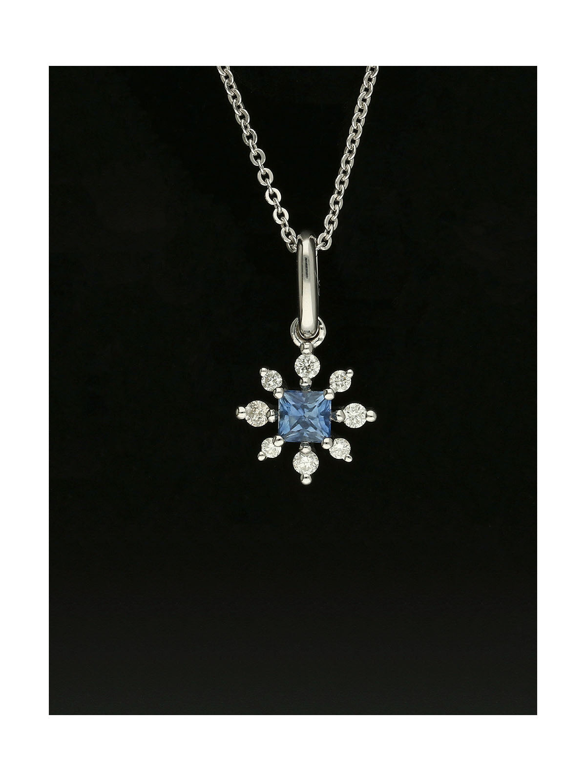 Sapphire & Diamond Princess Cut Snowflake Pendant Necklace in 9ct White Gold