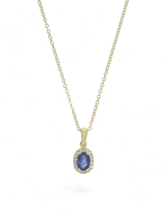 Sapphire & Diamond Oval Halo Cluster Pendant Necklace in 9ct Yellow Gold