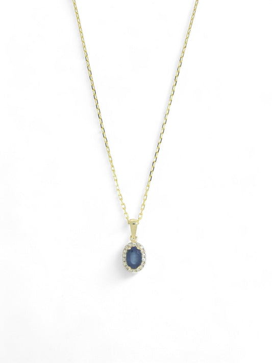 Sapphire & Diamond Oval Halo Cluster Pendant Necklace in 9ct Yellow Gold