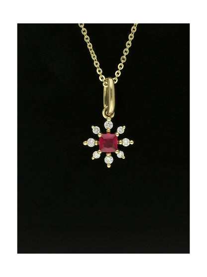 Ruby & Diamond Princess Cut Snowflake Pendant Necklace in 9ct Yellow Gold