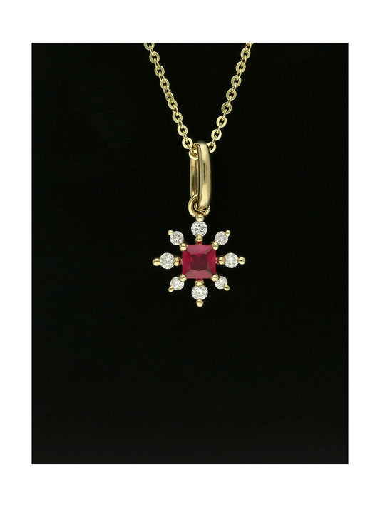 Ruby & Diamond Princess Cut Snowflake Pendant Necklace in 9ct Yellow Gold