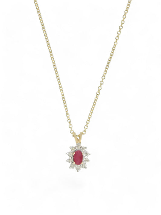 Ruby & Diamond Oval Cluster Pendant Necklace in 9ct Yellow Gold