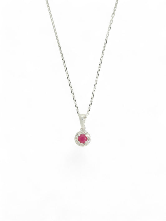 Ruby & Diamond Round Halo Pendant Necklace in 9ct White Gold