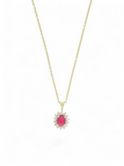 Ruby & Diamond Cluster Pendant Necklace in 9ct Yellow Gold