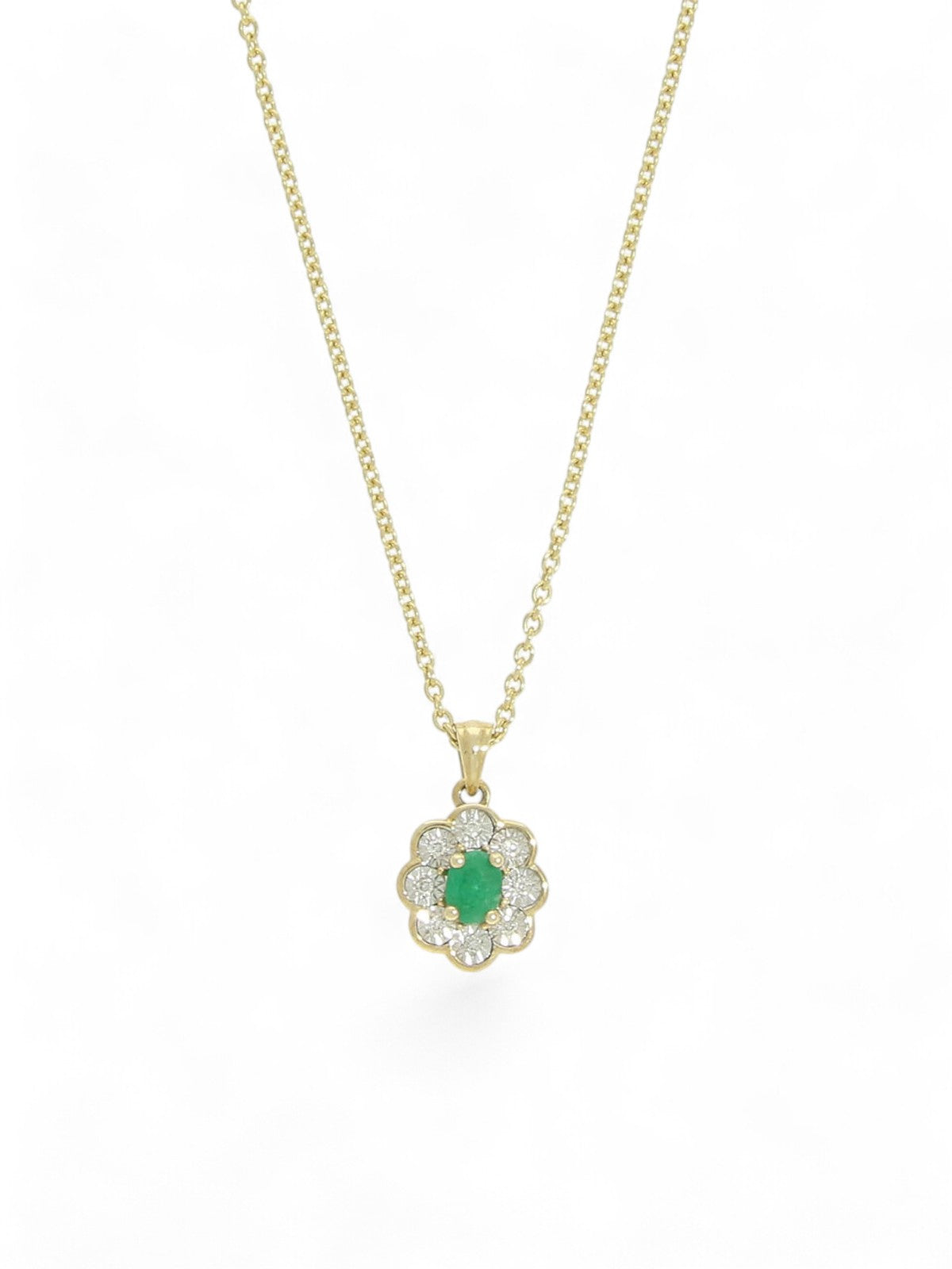 Emerald & Diamond Oval Cluster Pendant Necklace in 9ct Yellow Gold