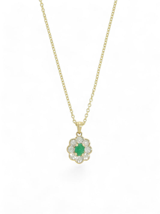 Emerald & Diamond Oval Cluster Pendant Necklace in 9ct Yellow Gold