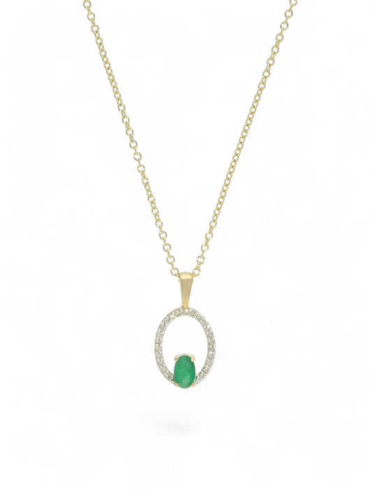 Emerald & Diamond Oval Drop Pendant Necklace in 9ct Yellow Gold