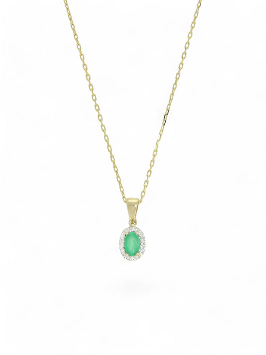 Emerald & Diamond Oval Halo Pendant Necklace in 9ct Yellow Gold