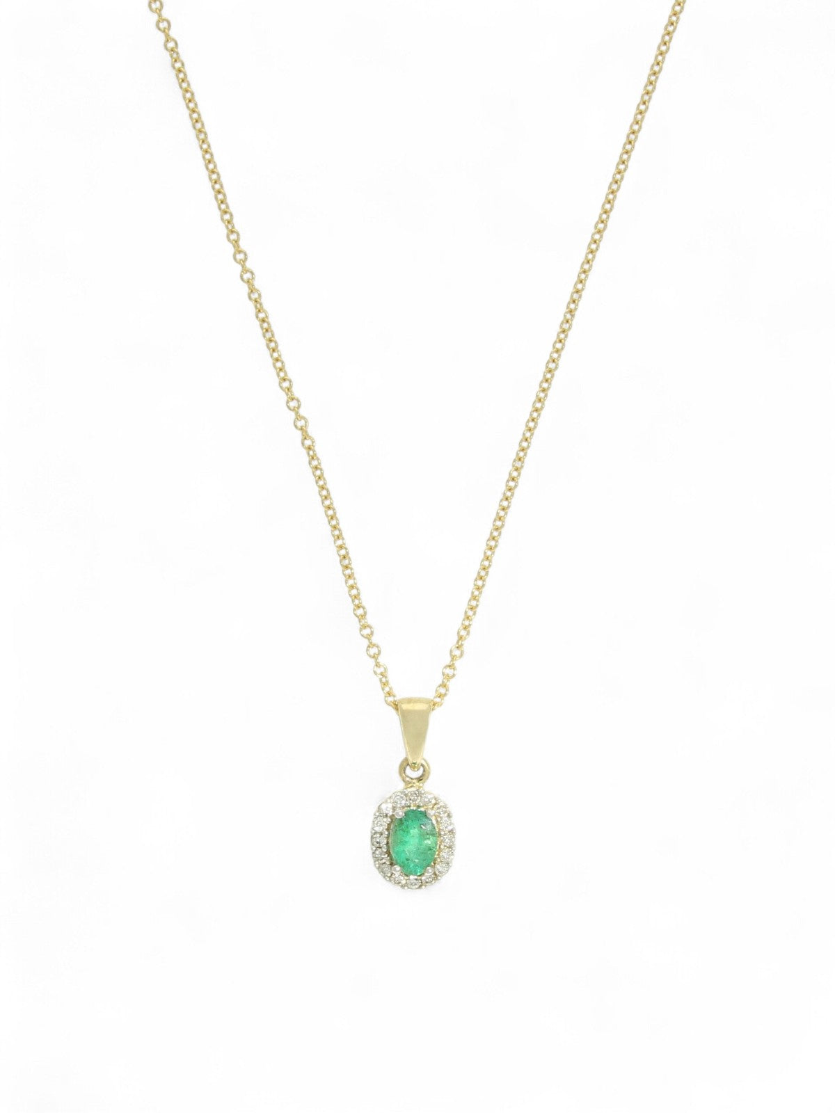 Emerald & Diamond Oval Halo Pendant Necklace in 9ct Yellow Gold