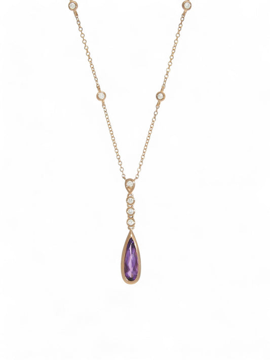 Amethyst & Diamond Pear Drop Pendant in 9ct Rose Gold on 18" Chain
