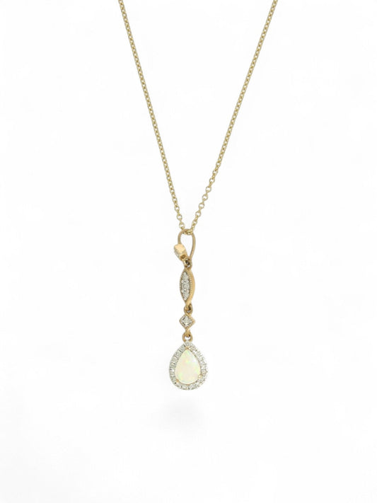 Opal & Diamond Pear Halo Drop Pendant Necklace in 9ct Yellow Gold
