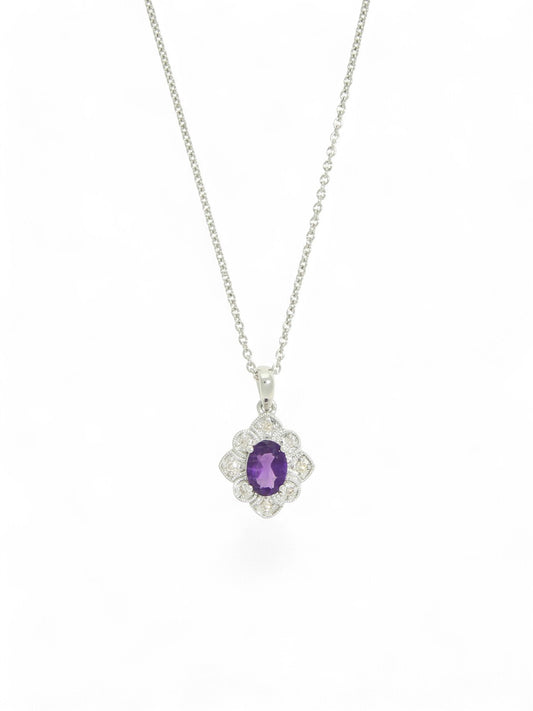 Amethyst & Diamond Art Deco Floral Pendant Necklace in 9ct White Gold