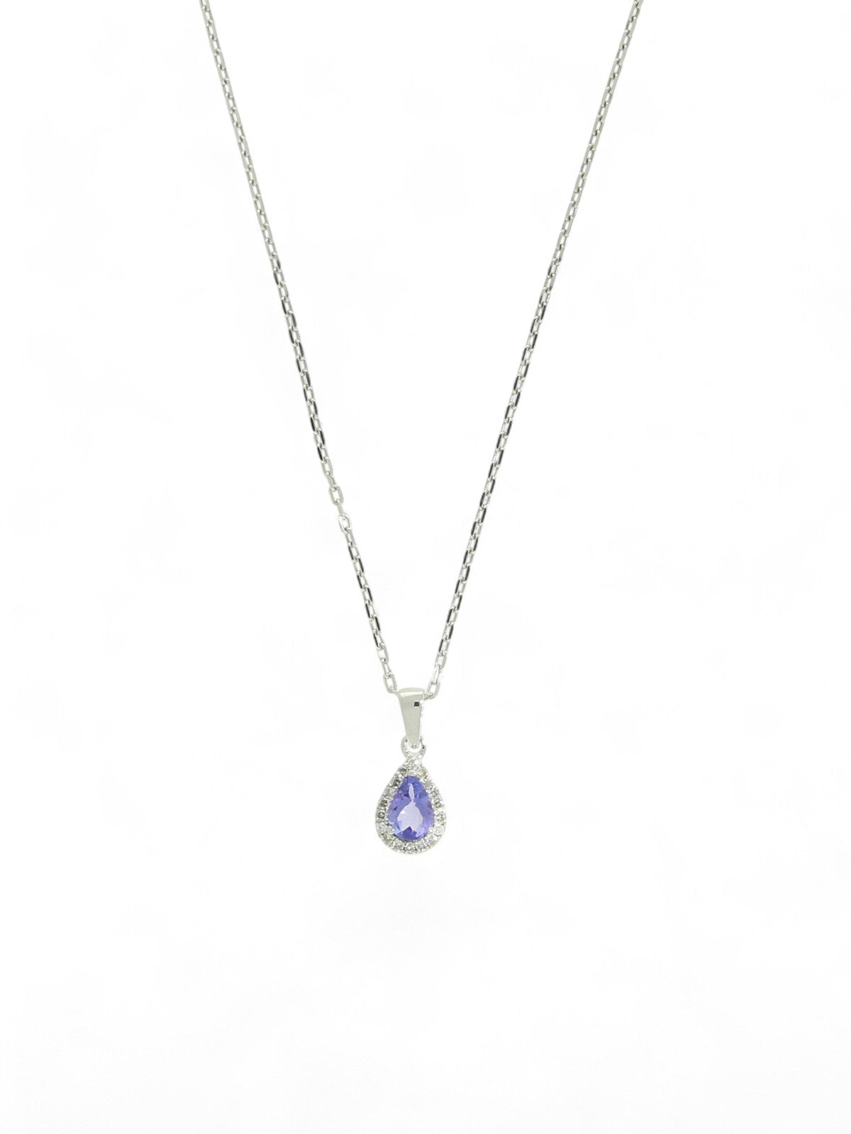 Tanzanite & Diamond Pear Halo Pendant Necklace in 9ct White Gold