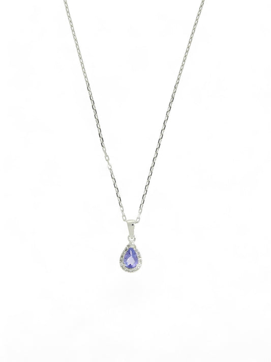 Tanzanite & Diamond Pear Halo Pendant Necklace in 9ct White Gold
