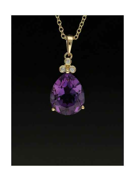 Amethyst & Diamond Pear Cut Pendant Necklace in 9ct Yellow Gold