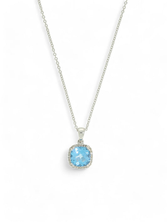 Blue Topaz & Diamond Cushion Cut Halo Pendant Necklace in 9ct White Gold