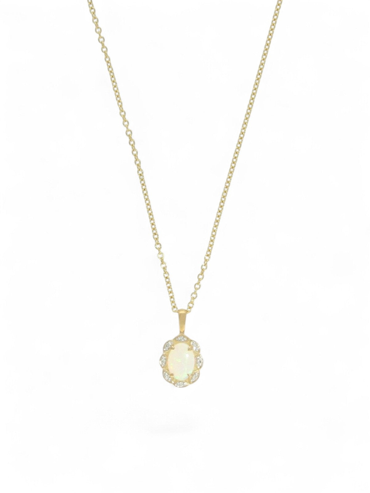 Opal & Diamond Oval Halo Fancy Design Pendant Necklace in 9ct Yellow Gold