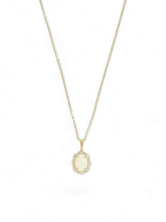 Opal & Diamond Oval Halo Fancy Design Pendant Necklace in 9ct Yellow Gold