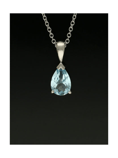 Blue Topaz Faceted Pear Cut Pendant Necklace in 9ct White Gold