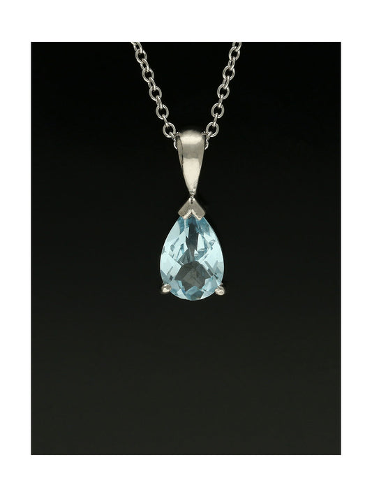 Blue Topaz Faceted Pear Cut Pendant Necklace in 9ct White Gold