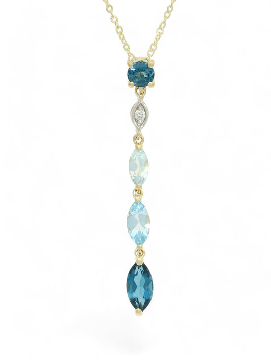 Blue Topaz & Diamond Marquise Drop Pendant Necklace in 9ct Yellow Gold