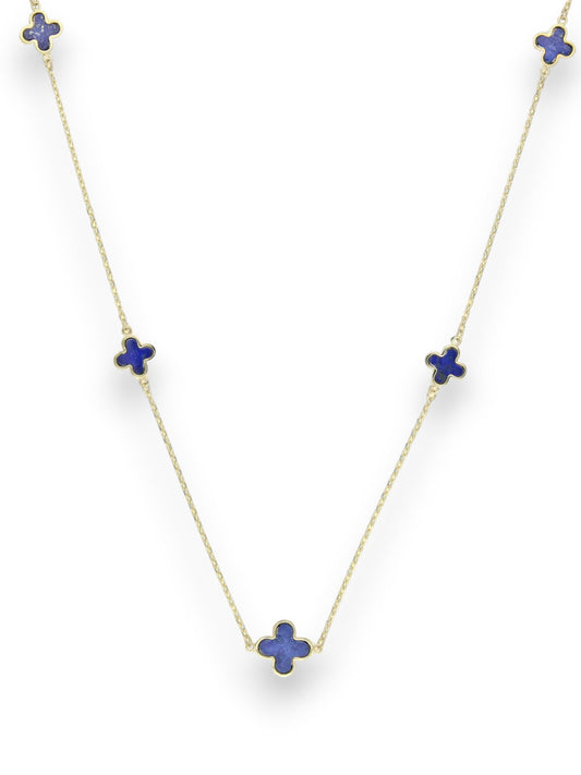 Lapis Five Flower Station Necklace in 9ct Yellow Gold