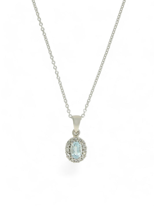 Aquamarine & Diamond Oval Halo Cluster Pendant in 9ct White Gold