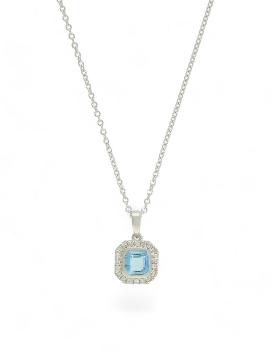 Blue Topaz & Diamond Cushion Cut Halo Pendant in 9ct White Gold