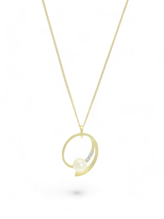Pearl & Diamond Open Pendant Necklace in 9ct Yellow Gold