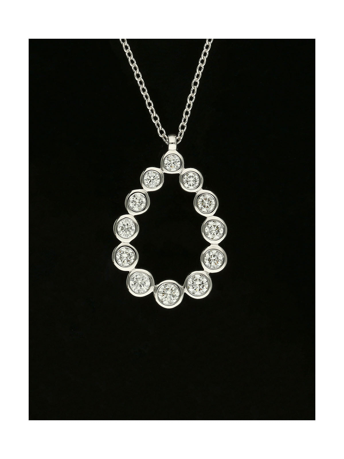 Diamond Round Brilliant Rubover Set Pear Bubble Pendant Necklace in 18ct White Gold